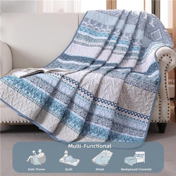 BEDDING Boho Quilt Set Queen Size,Blue Bohemian 3 Pieces Quilt Sets - Picture 10 of 16